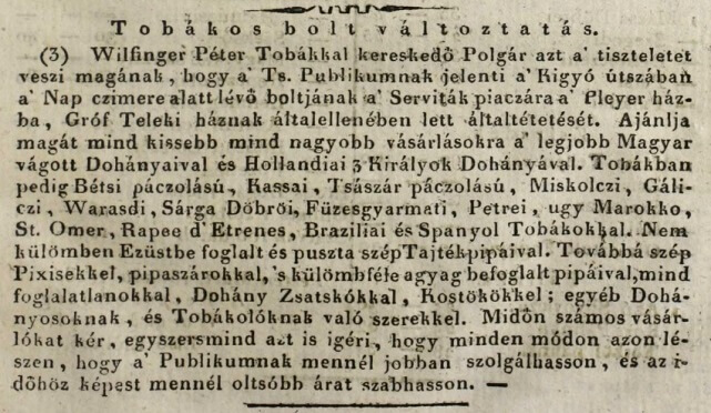 1818.03.25. Wilfinger dohánykereskedő