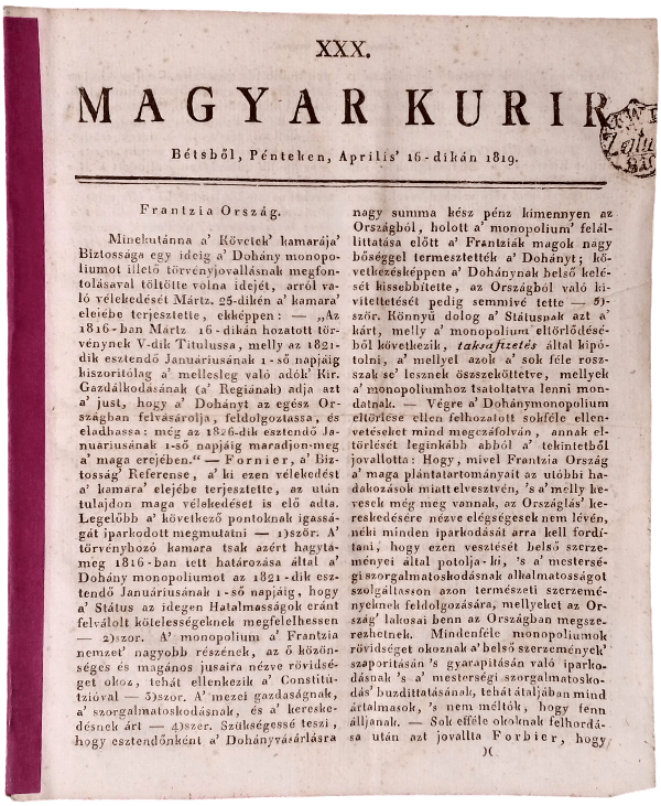 Magyar Kurir - Dohány, 1819