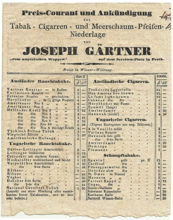 1830. Joseph Gärtner árjegyzéke