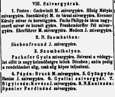 1846. Szivargyárak az országban