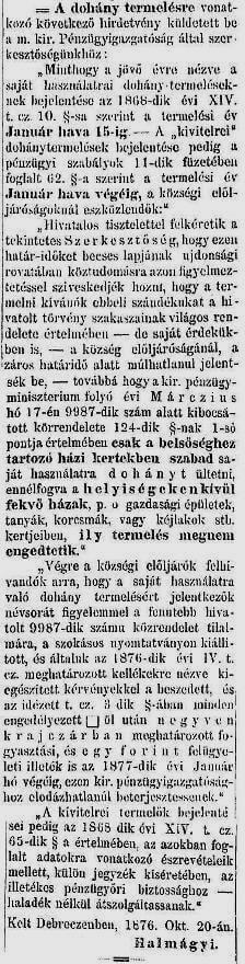 1876.10.29. Dohánytermelés