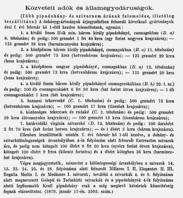 1879.01.28. Dohányárak