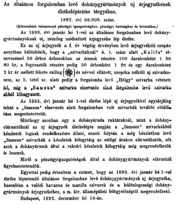 1892.12.22. Új dohányárjegyzék