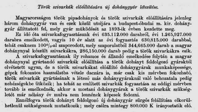 1901. Új dohánygyár létesítése