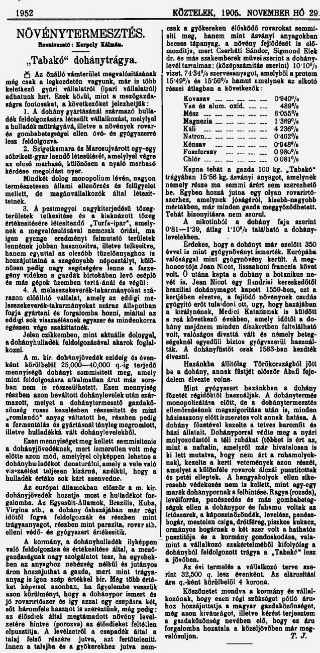 1905.11.29. Tabakó dohánytrágya