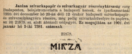 1910.12.20. Mirza papír és hüvely