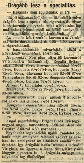 1911.07.12. Drágább lesz a specialitás