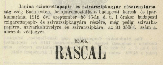 1912.09.16. Rascal papír és hüvely