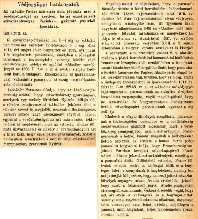 1912.11.10. Abadie védjegy
