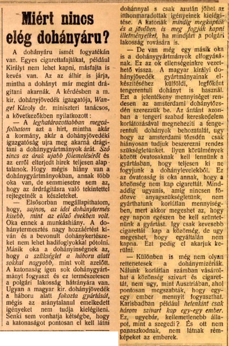 1916.07.28. Dohány-hiány