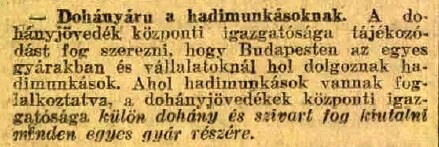 1917.09.16. Dohány a hadimunkásoknak