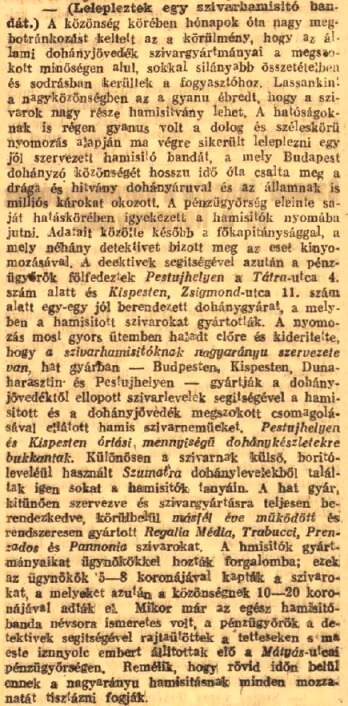 1919.11.29. Szivarhamisítás