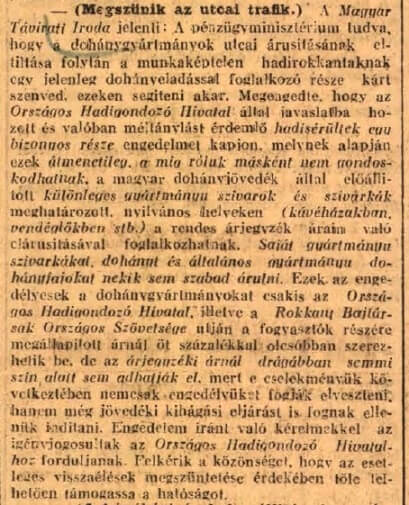 1919.11.29. Megszűnik az utcai trafik