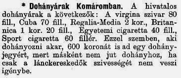 1920.01.10. Komáromi dohányárak