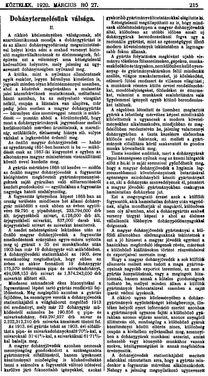 1920.03.27. Termelési válság