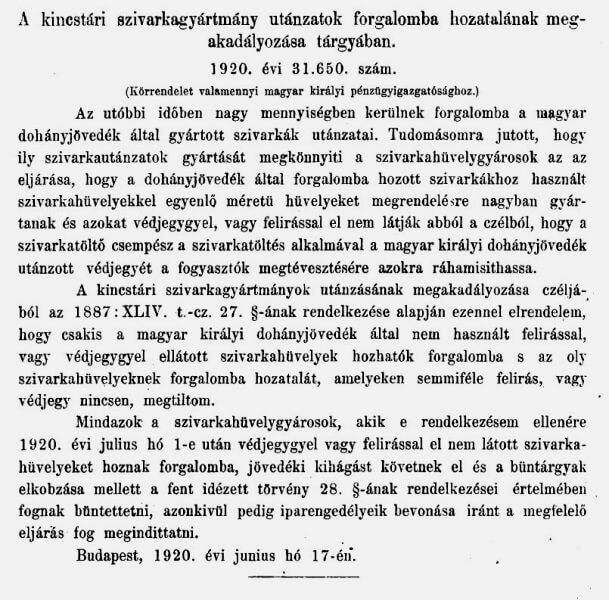 1920.07.01. Cigaretta hamisítás