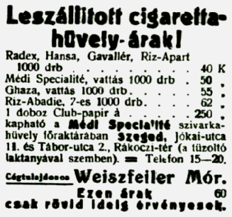 1920.08.15. Cigarettahüvelyek 1920.08.15. Cigarettahüvelyek