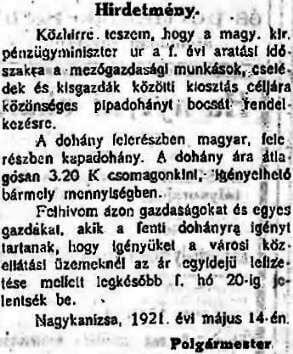 1921.05.18. Dohánykiosztás