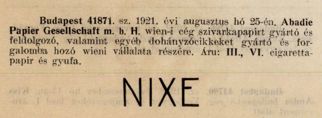 1921.08.25. Nixe cigarettapapír