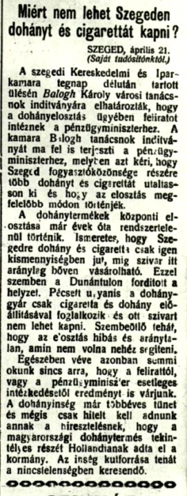 1922.04.22. Szegeden miért nincs dohány?