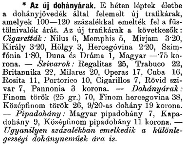 1922.09.27. Új dohányárak