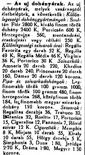 1922.11.14. Új dohányárak