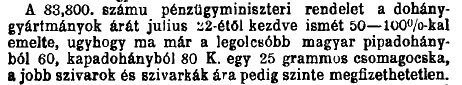 1923.08.05. Dohány áremelés