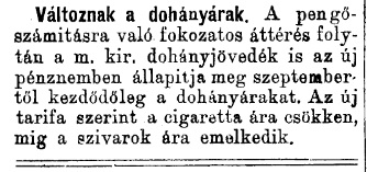 1926.08.18. Változnak a dohányárak