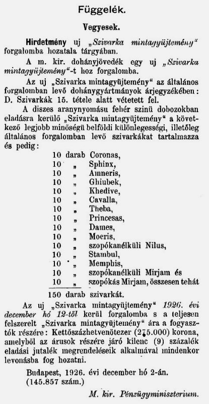 1926.12.10. Cigaretta mintagyűjtemény