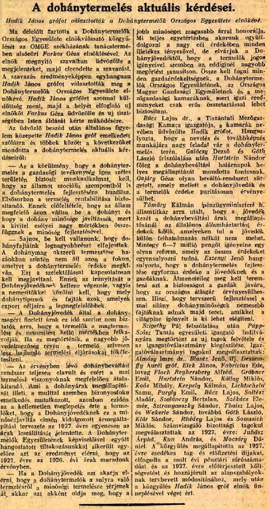1927.01.20. Dohánytermelés