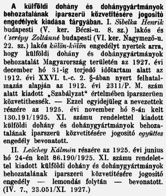 1927.05.01. Dohánybehozatal