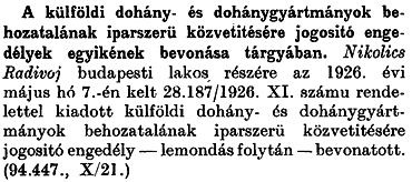 1927.11.10. Dohánybehozatal