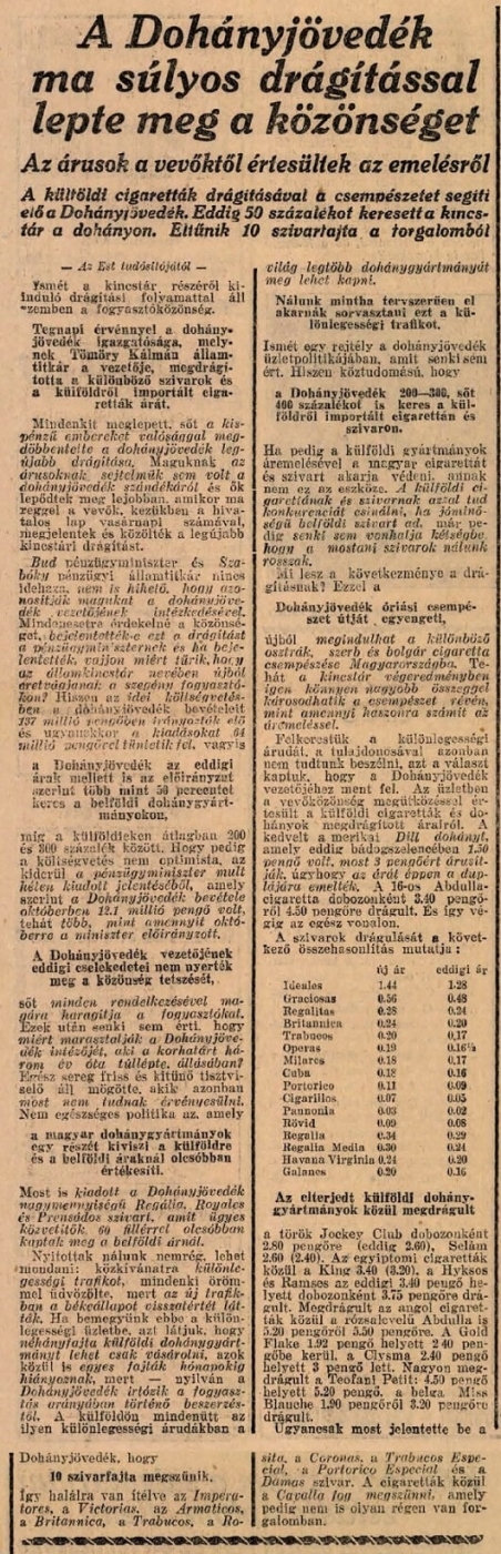 1927.12.06. Dohány áremelés