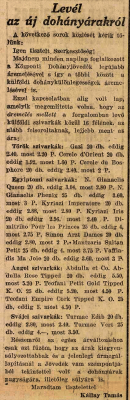 1927.12.11. Új dohányárak