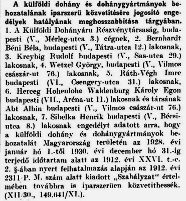 1928.01.01. Dohánybehozatal