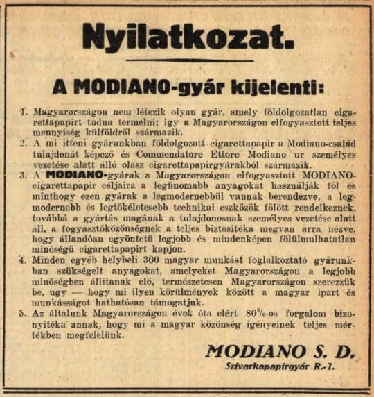 1930.03.07. Modiano nyilatkozat