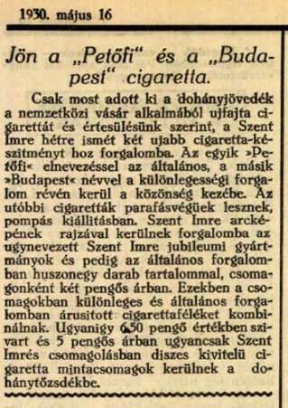 1930.05.16. Petőfi és Budapest cigaretta