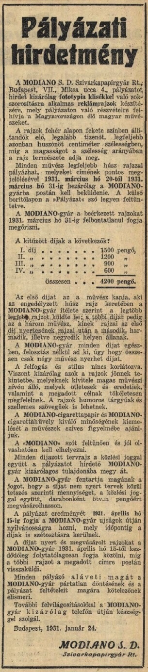 1931.01.25. Modiano pályázat