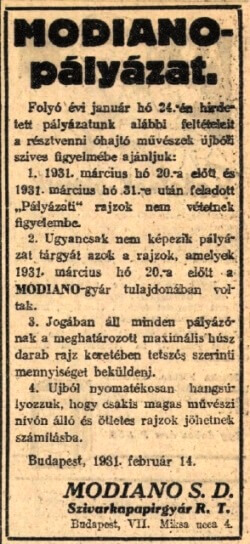 1931.02.25. Modiano pályázat