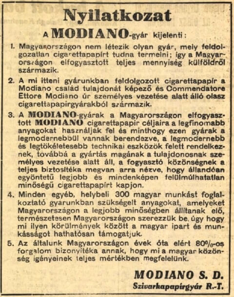 1931.03.07. Modiano nyilatkozat