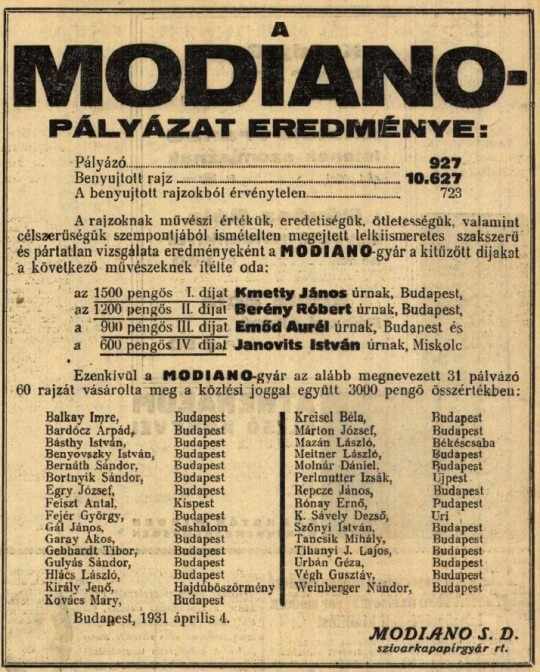 1931.04.05. Modiano pályázat