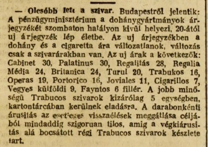 1931.12.19. Olcsóbb lett a szivar