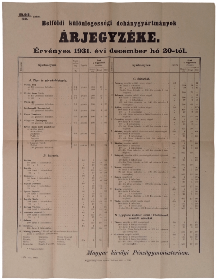 1931.12.20. Árjegyzék - különleges