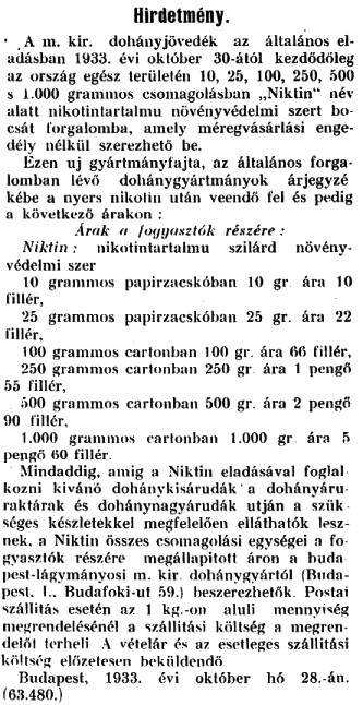 1933.11.01. Niktin növényvédőszer