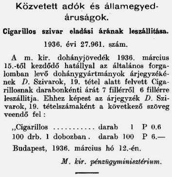 1936.03.20. Olcsóbb Cigarillos szivar