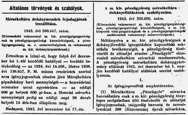 1943.12.01. Mérsékelt árú dohány