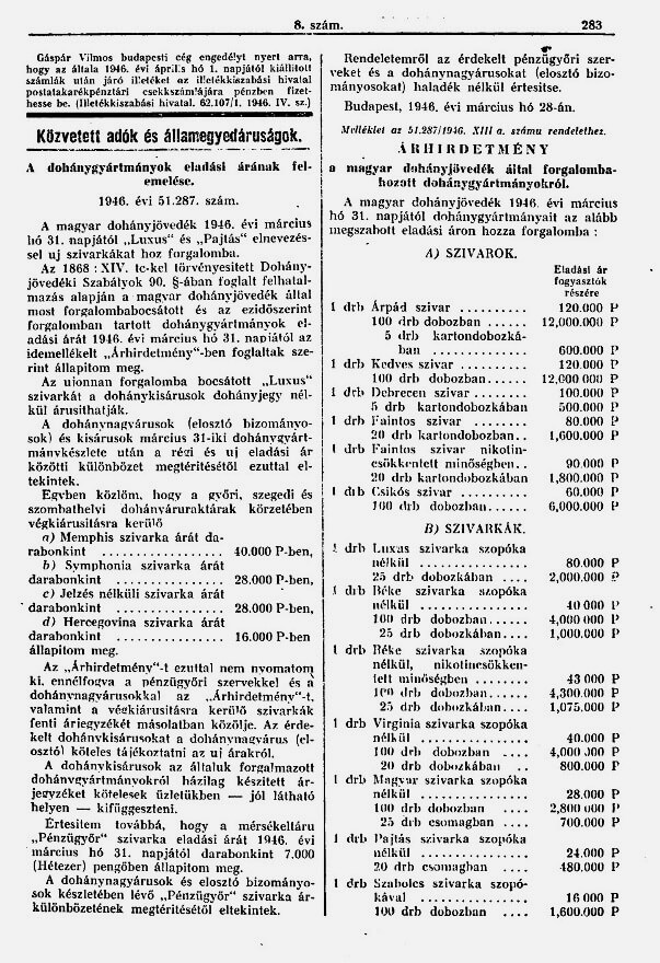 1946.04.10. Dohány áremelés