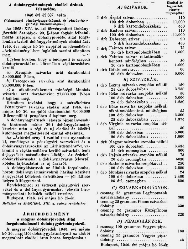 1946.06.16. Dohány áremelés