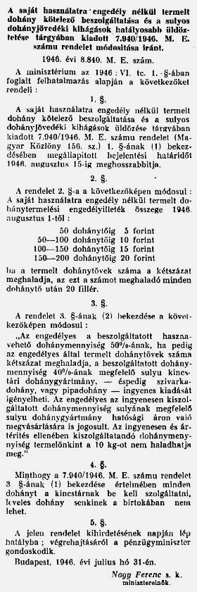 1946.08.10. Dohány beszolgáltatása