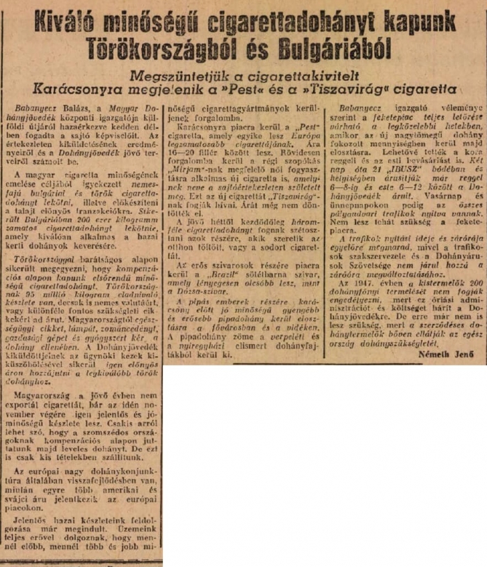 1946.11.28. Pest és Tiszavirág cigaretta